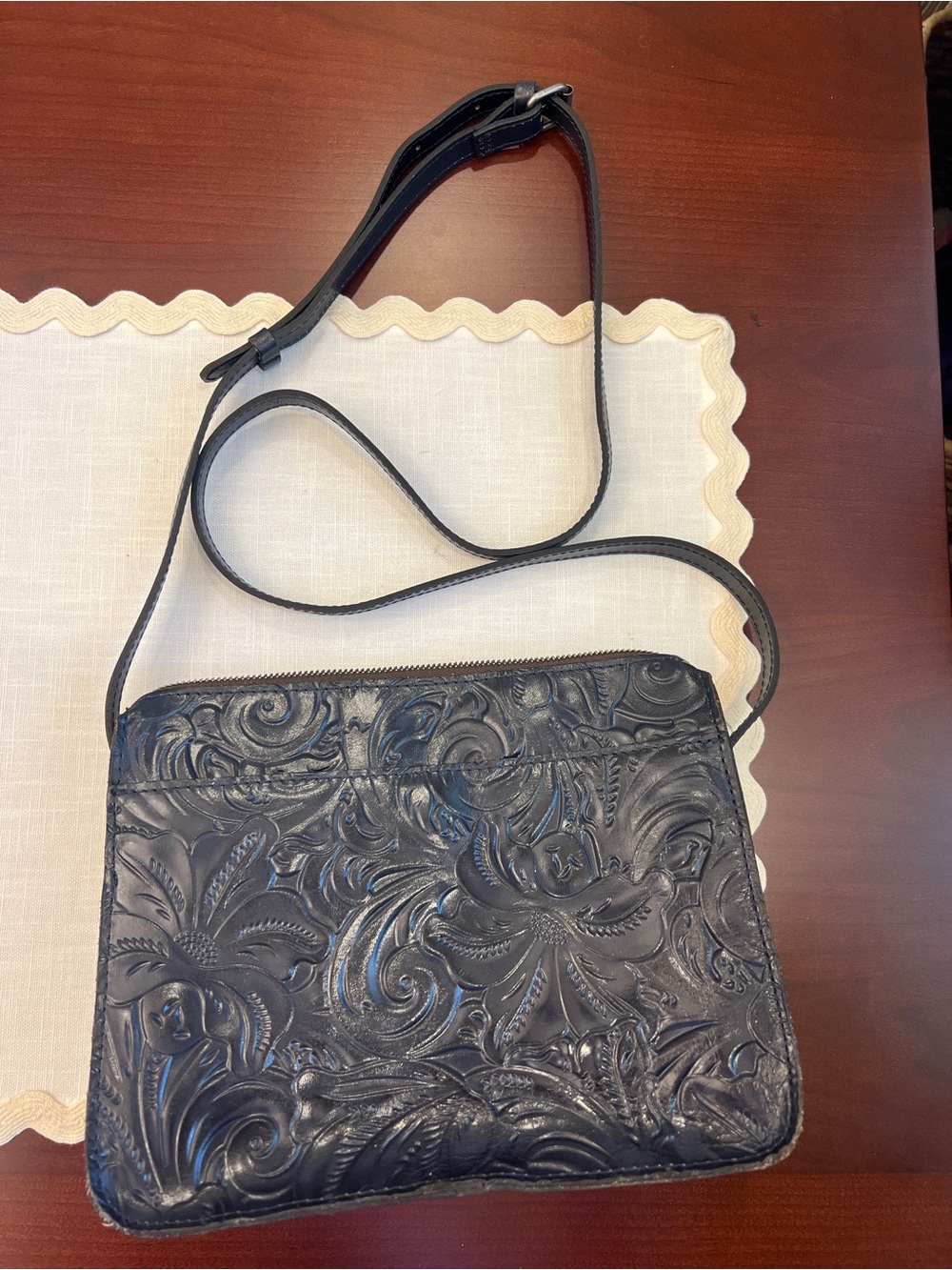 Patricia Nash Navy Embossed/ Tooled Floral Leather Crossbody purse bag